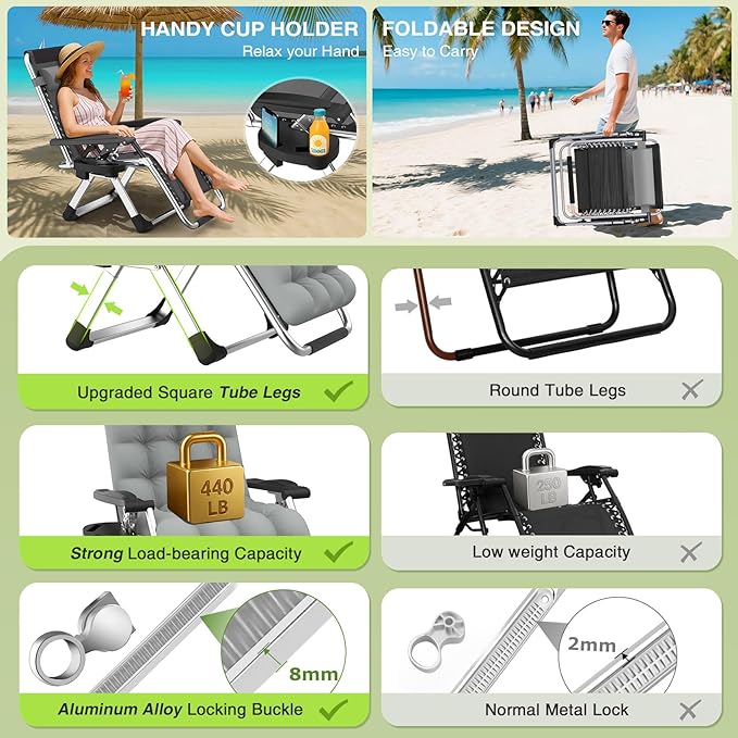 Suteck Zero Gravity Chair Set of 2, Reclining Camping Lounge Chair w/Removable Cushion, Upgraded Lock and Cup Holder, Reclining Patio Chairs Folding Recliner for Indoor and Outdoor