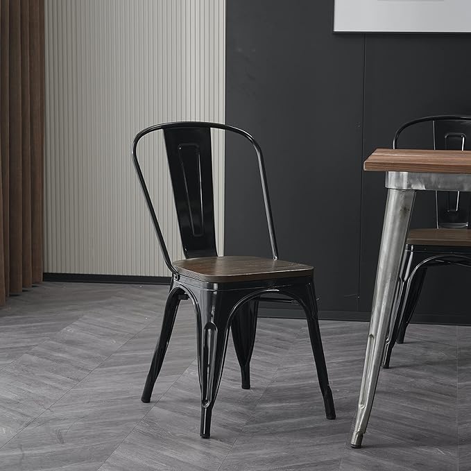 Nazhura Metal Dining Chair Farmhouse Tolix Style for Kitchen Dining Room Café Restaurant Bistro Patio, 18 Inch, Stackable, Waterproof Indoor/Outdoor (Sets of 4) (Black with Wood Padding)