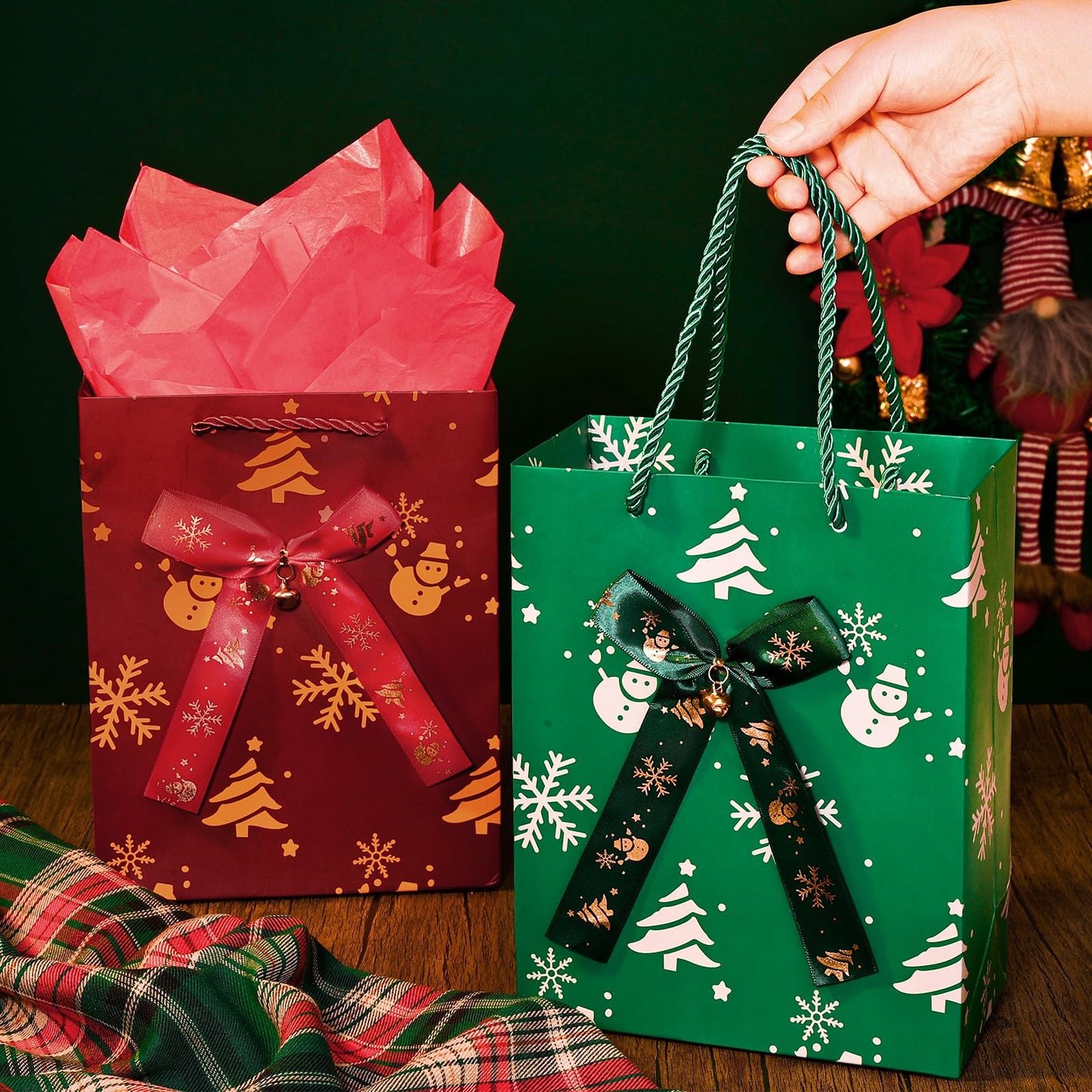 JMANNI Christmas Gift Bags, Christmas Bags with Tissue Paper, 2 Styles christmas bags for gifts, Small Gift Bags With Christmas bells, Xmas Paper Bags, Gifts Wrapping, Party Favors Holiday Gift Bags