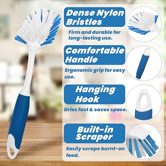 PHYEX 2-Pack Dish Brushes with Scraper, Durable Nylon Bristles Kitchen Scrub