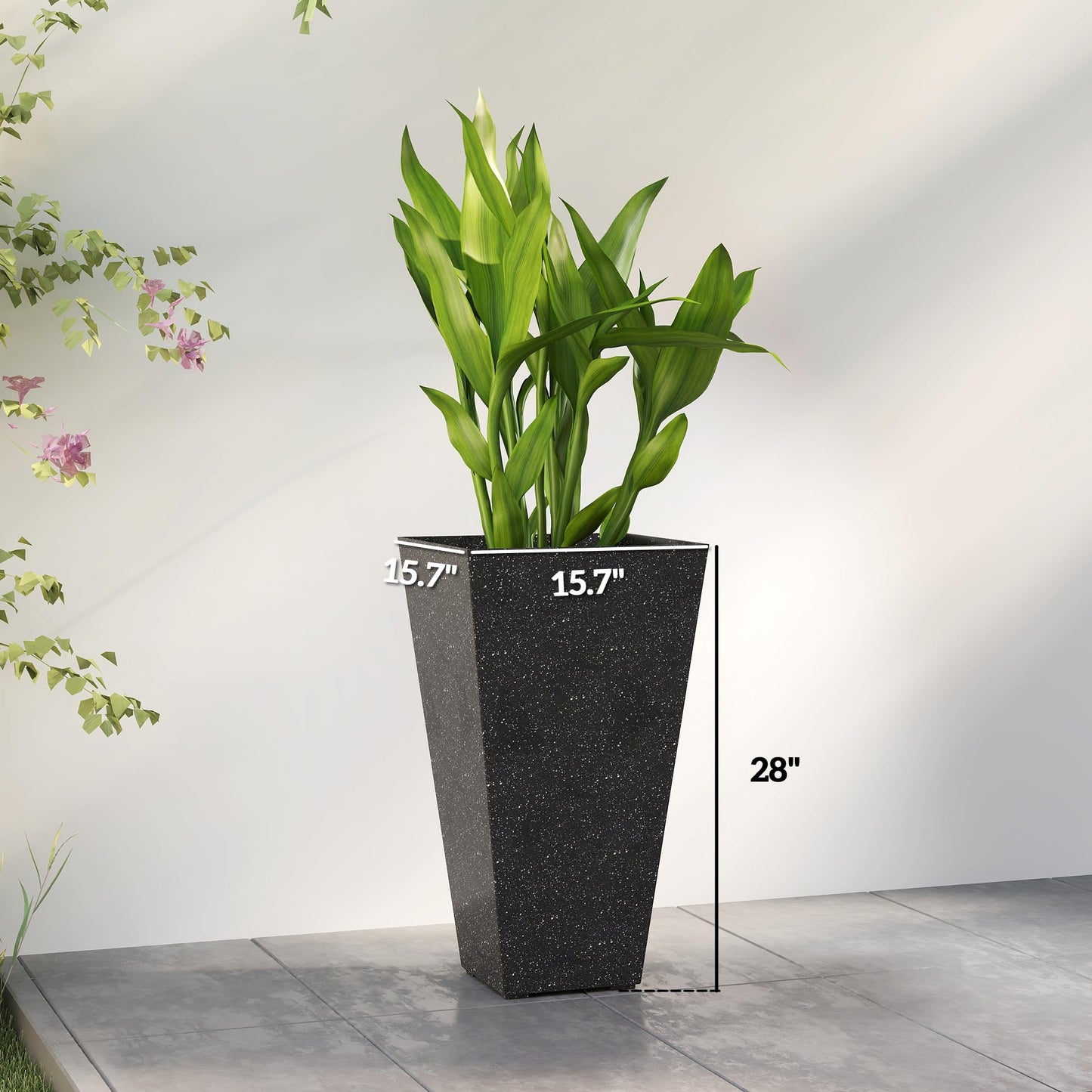 Outsunny 28 Inch Tall Planters for Outdoor Plants, Set of 3 Plastic Flower Pots with Marble Finish and Drainage Holes, Stackable Tapered Large Planters for Indoor Plants, Front Porch Decor, Black