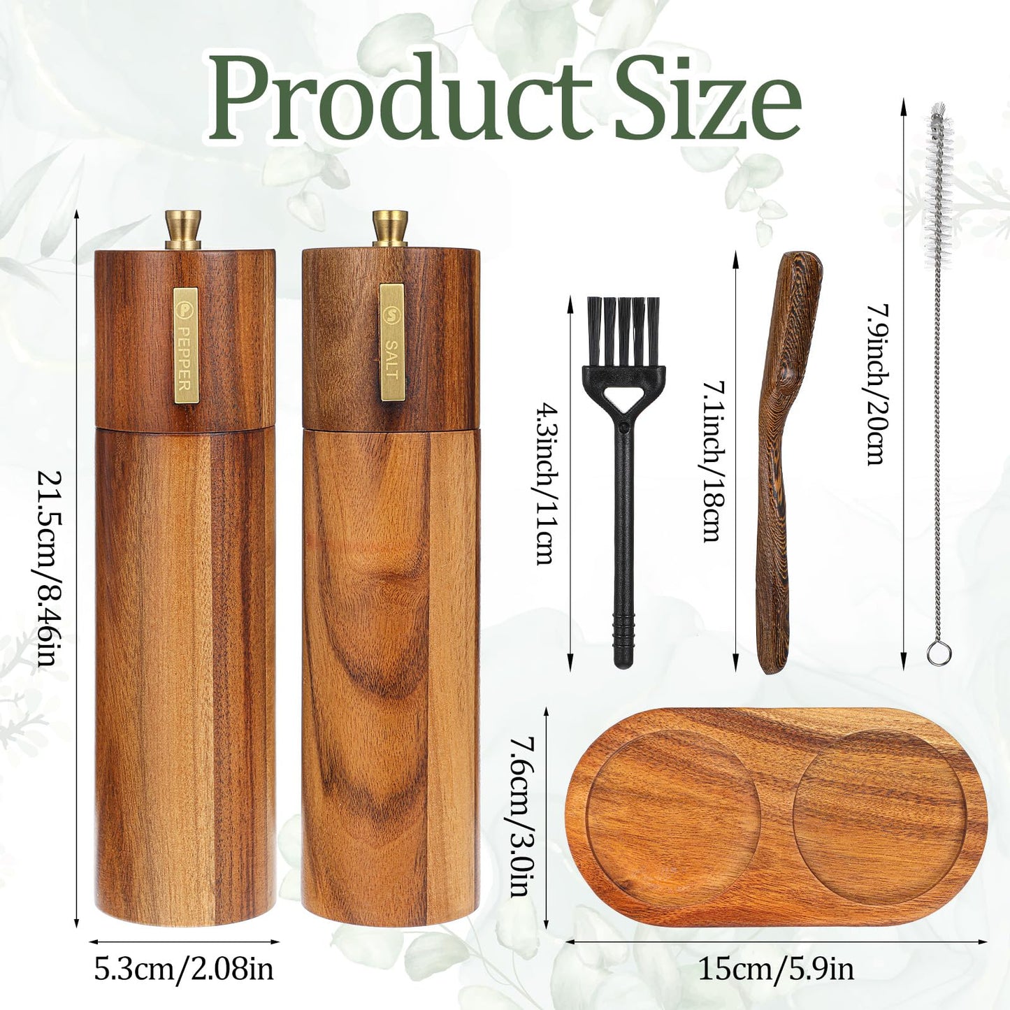 2 Pack Wooden Salt and Pepper Grinder Set,8.46 inch Adjustable Coarseness Manual Salt and Pepper Mill with Brush and Spoon,Acacia Wood Refillable Grinders for Kitchen Christmas Home Gift