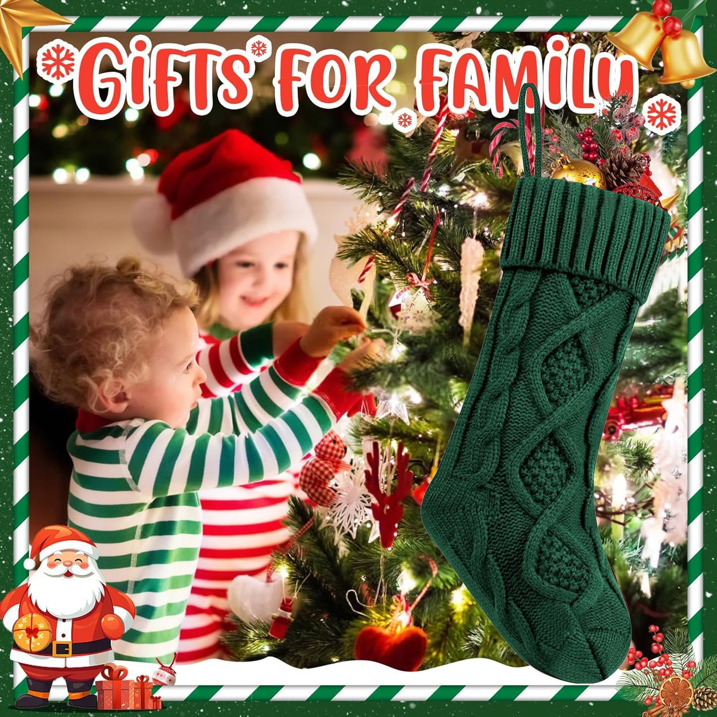 OYB Christmas Stockings，18 Inches Knitted Christmas Stockings，Large Christmas Stockings，Decorations for Family Holiday Xmas Party (Green)