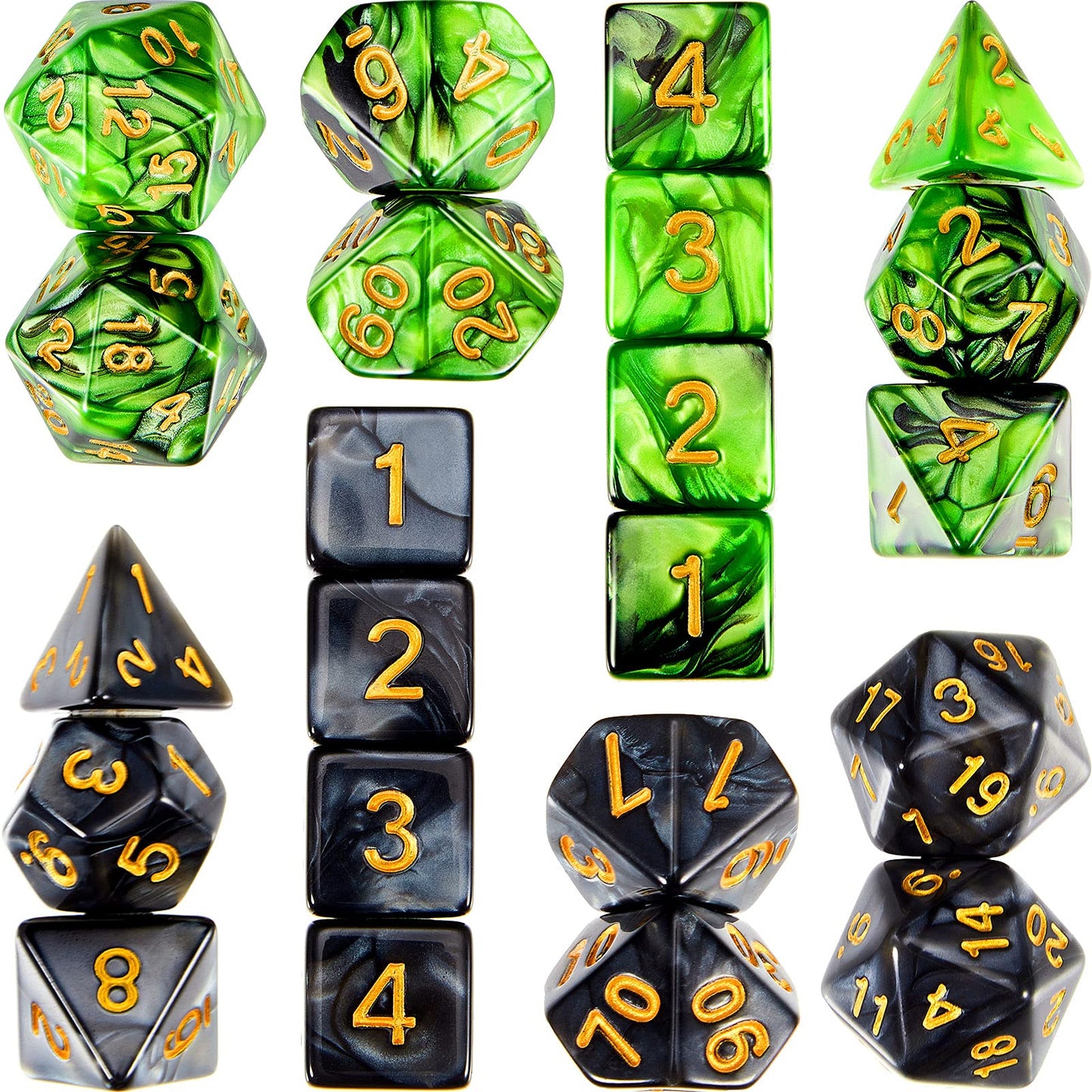 Skylety 2 Set Polyhedral Dice Set - 22 Pieces, Multisided Dice Set Smooth Touch with Drawstring Bag Compatible with RPG MTG Table Game(Green, Black)