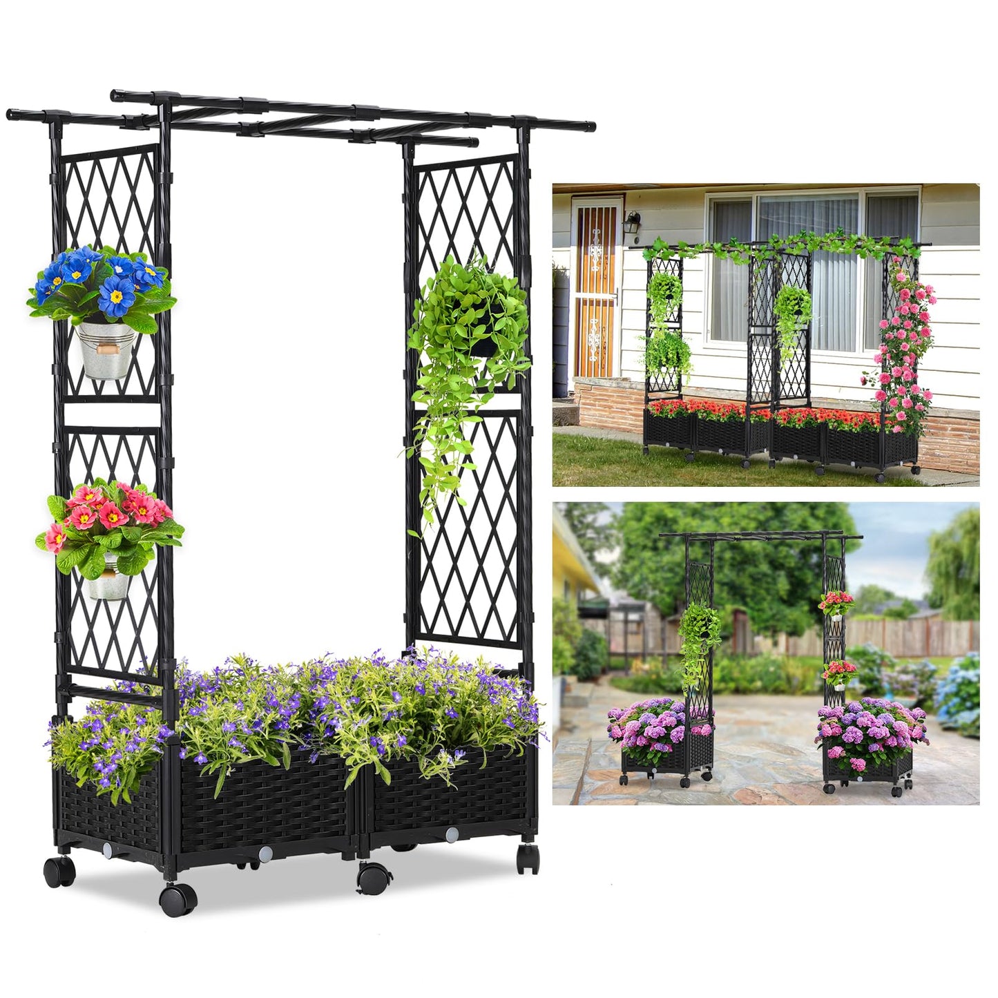 FOLLOOK Planter Box with Trellis Outdoor, 53.1in Plastic Raised Garden Bed with Trellis Hanging Roof for Vine Flower, with Lockable Wheels & Drain Plug for Patio Backyard Balcony, Black, 1 Pc