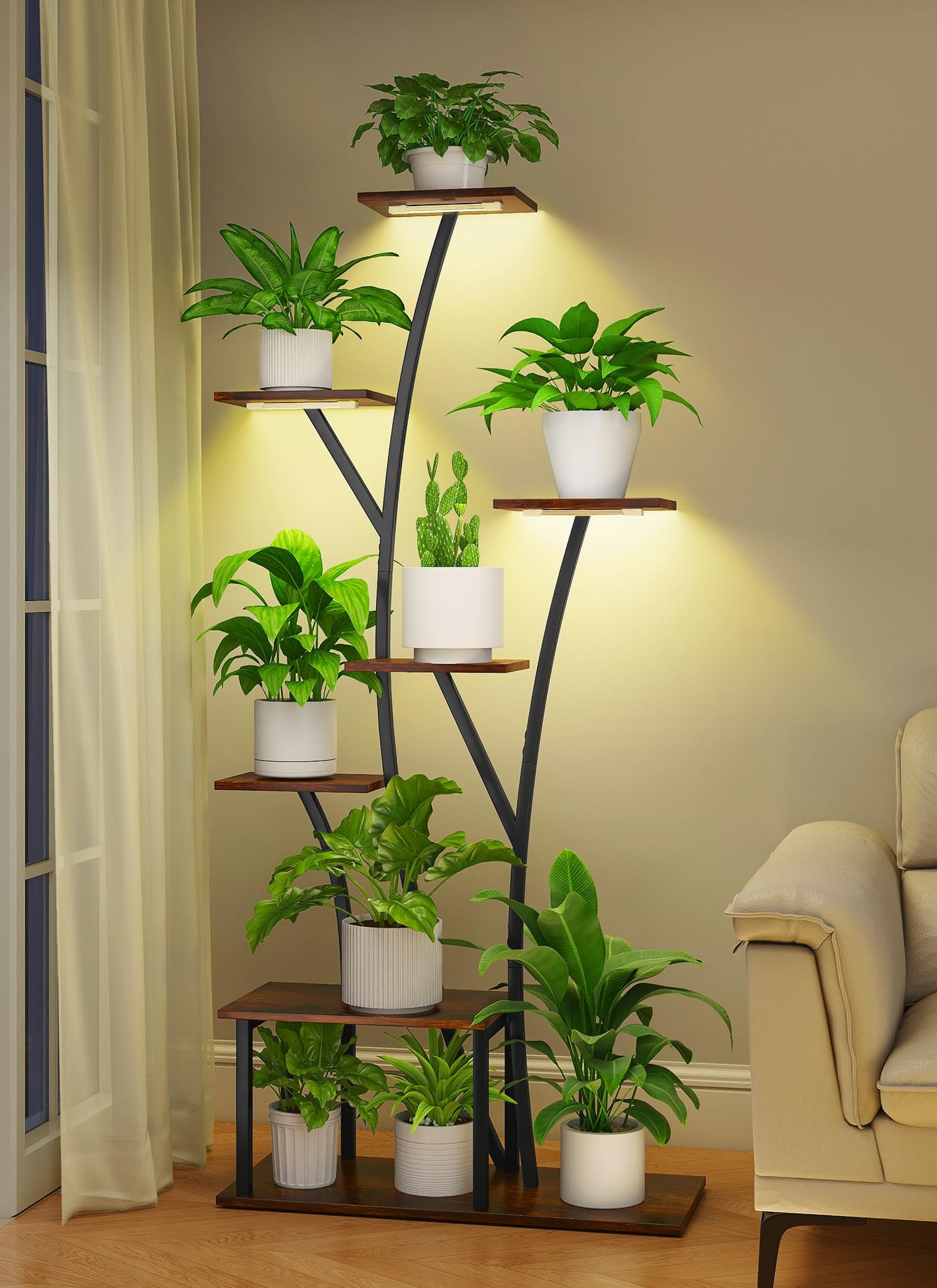 Quikraen 7 Tier Tall Plant Stand with Grow Light For Indoor Plants Growing 60in Indoor Flower Stand Tree-Shaped Plant Shelves for Living Room Patio Black