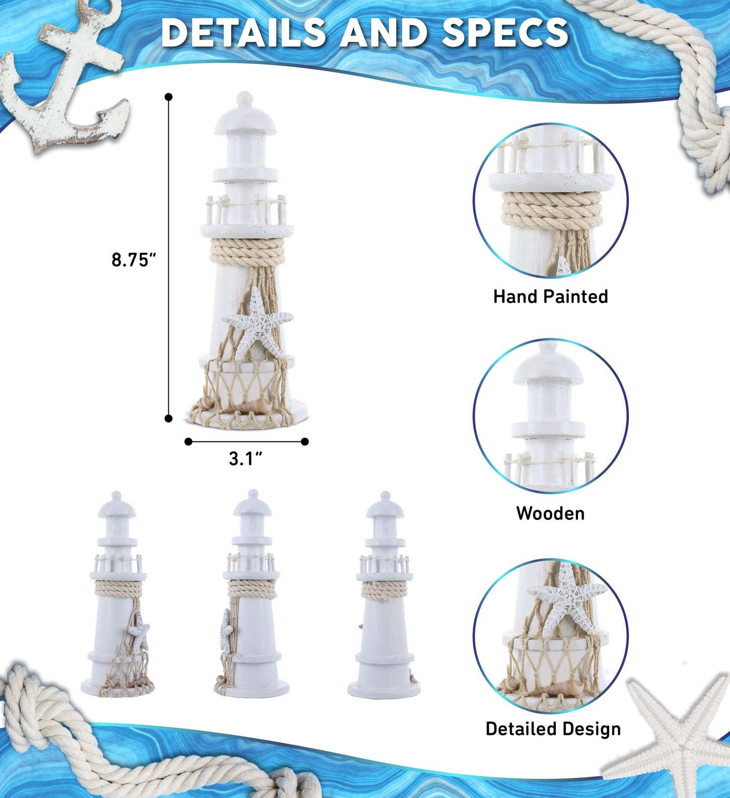 Puzzled COTA Global Small White Wooden Lighthouse Decor - Handmade Wooden Lighthouse Beach Decorations for Home with Decorative Starfish Decor - 8.75 Inches