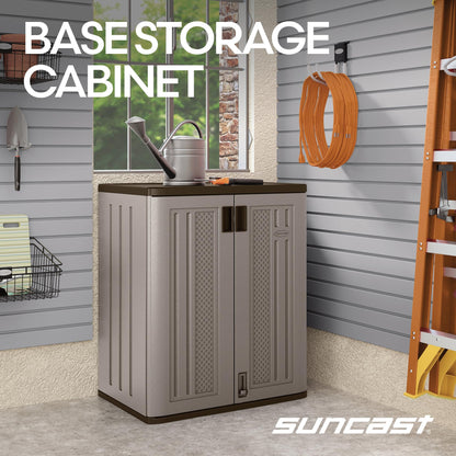 Suncast Base Storage Cabinet for Garage Organization - 9 Cu. Ft. Lockable 2-Shelf Organizer for Garden Supplies, Paint Cans & Outdoor Tools, Multi-Wall Resin Construction, Platinum