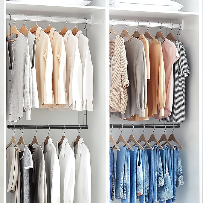STORAGE MANIAC Hanging Closet Rod, Adjustable Width and Height Closet Hanging