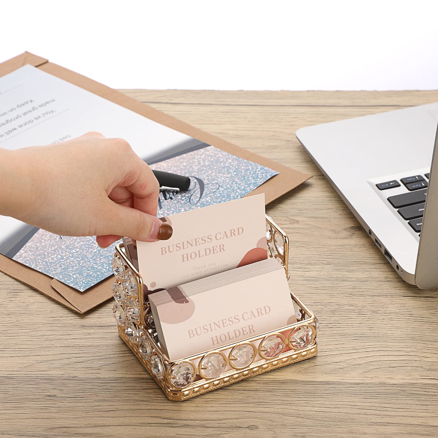Hipiwe 2 Tiers Crystal Business Card Holder Stand Gold Mirrored Business Card Display Stand Organizer Desktop Business Card Storage Holder for Office Countertop