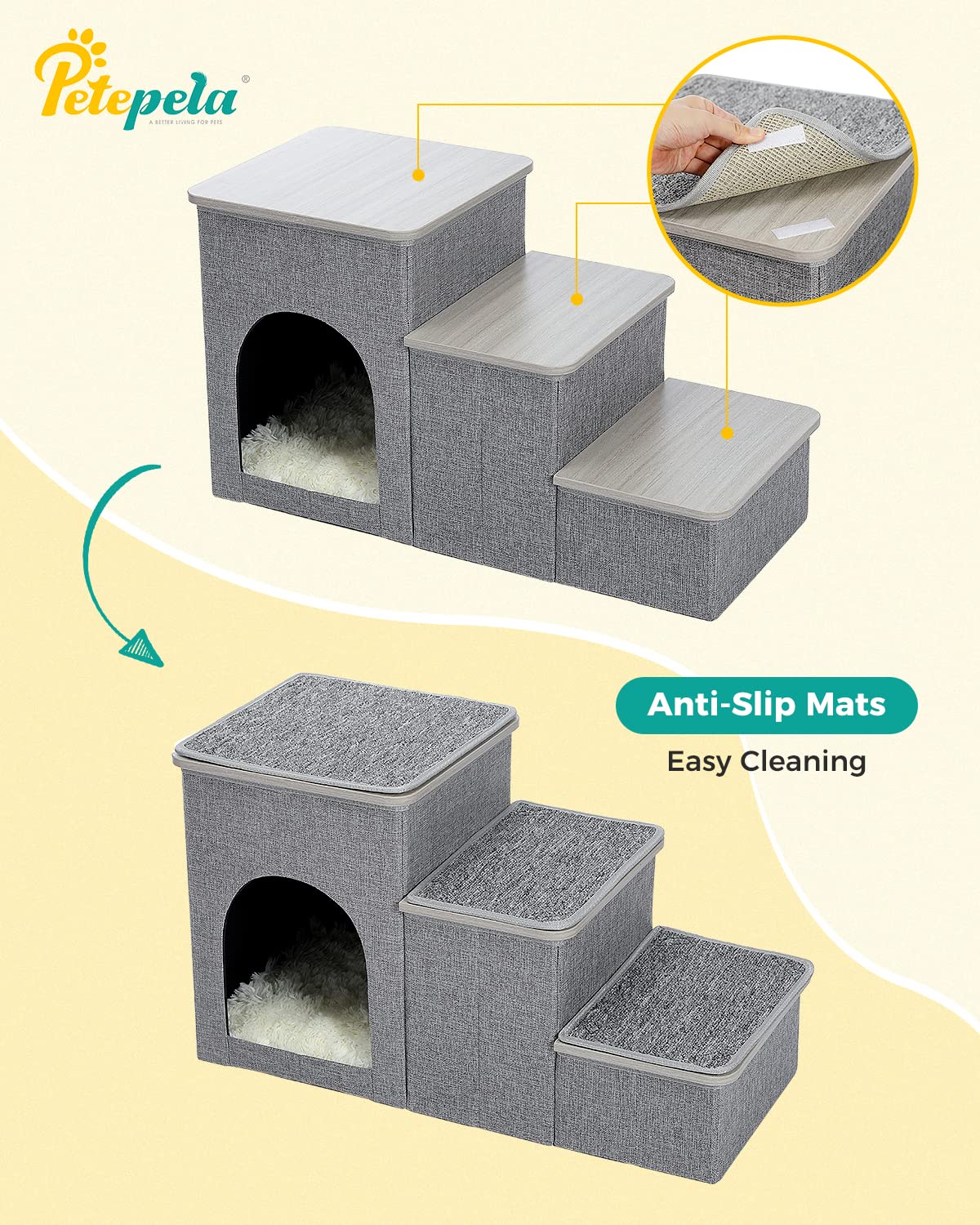 PETEPELA Dog Steps for Bed, 3 Steps for Dog Step for Sofa with Storage for Small Dogs for Bed, Foldable Pet Stairs for Couch and High Bed Hold up to 30KG, Wood Grey