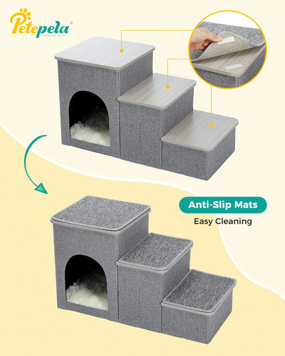 PETEPELA Dog Steps for Bed, 3 Steps for Dog Step for Sofa with Storage for Small Dogs for Bed, Foldable Pet Stairs for Couch and High Bed Hold up to 30KG, Wood Grey