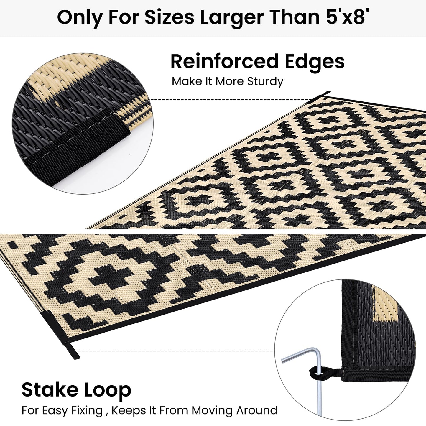 Smiry Waterproof Outdoor Rug 9X18 ft, Reversible Plastic Straw Patio Camping Rugs, Outdoor Indoor RV Mat Carpet for Patio, Outside Entry, Backyard, Deck, Bench, Picnic, Camper, Black & Beige