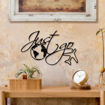 YATEASLU Travel Wall Art Just Go – World Map & Airplane Metal Decor, Adventure Wall Sculpture for Home, Camper & Bathroom – Waterproof Indoor/Outdoor Travel Decorations(15.2x9.3IN)