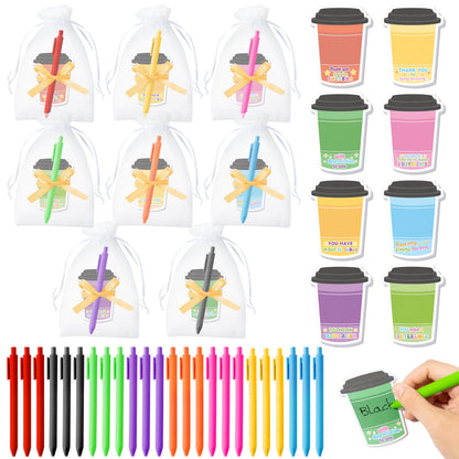 Xqumoi Employee Appreciation Coffee Cup Sticky Notes Set - 24 Set Coffee Self Sticky Writing Memo Pads Ballpoint Pens with Mesh Bag for Coffee Lover Staff Member Colleague Worker School Office Supply