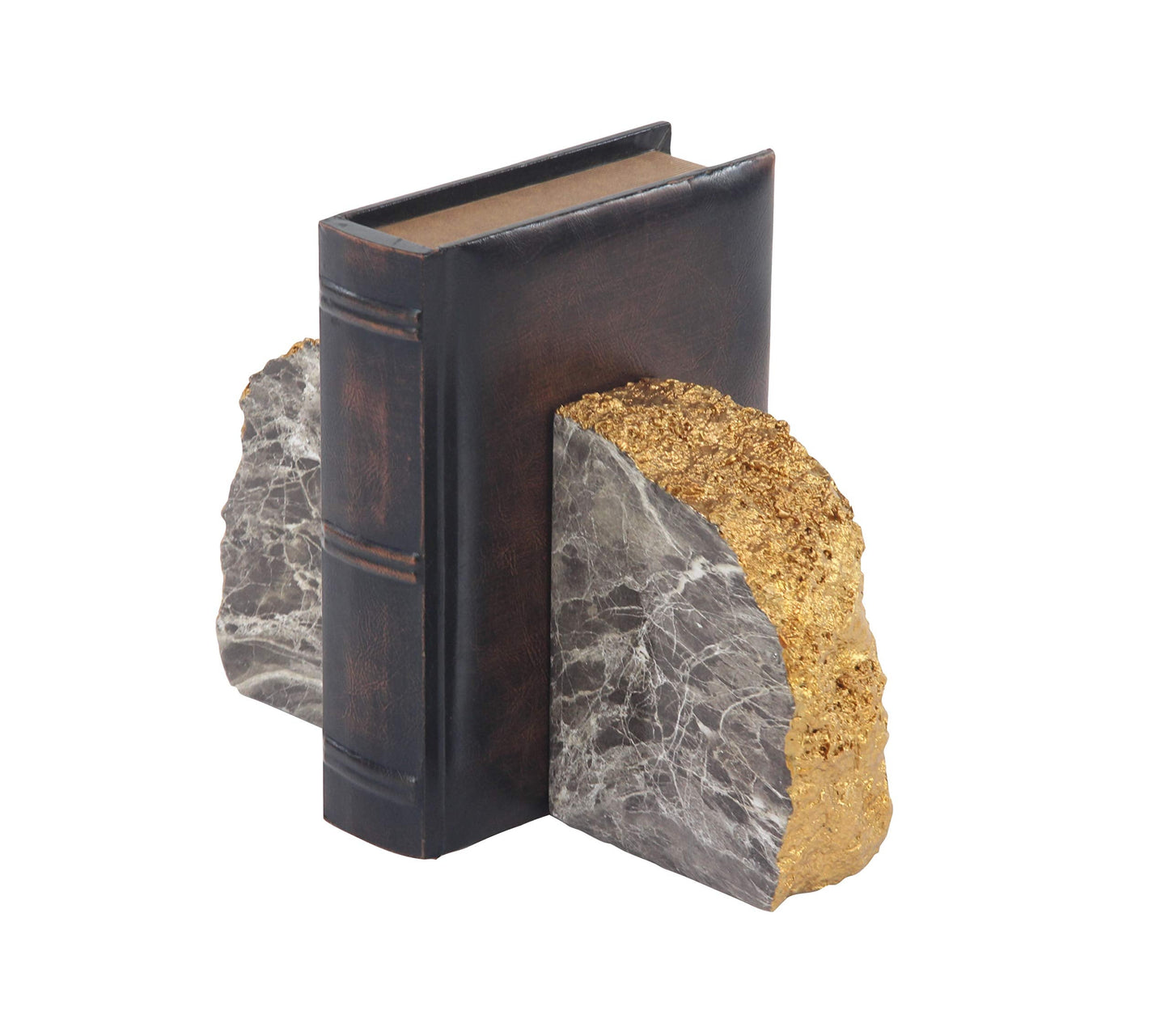 CosmoLiving by Cosmopolitan Polystone Geode Bookends with Gold Detailing, Set of 2 5"W, 7"H, Gray