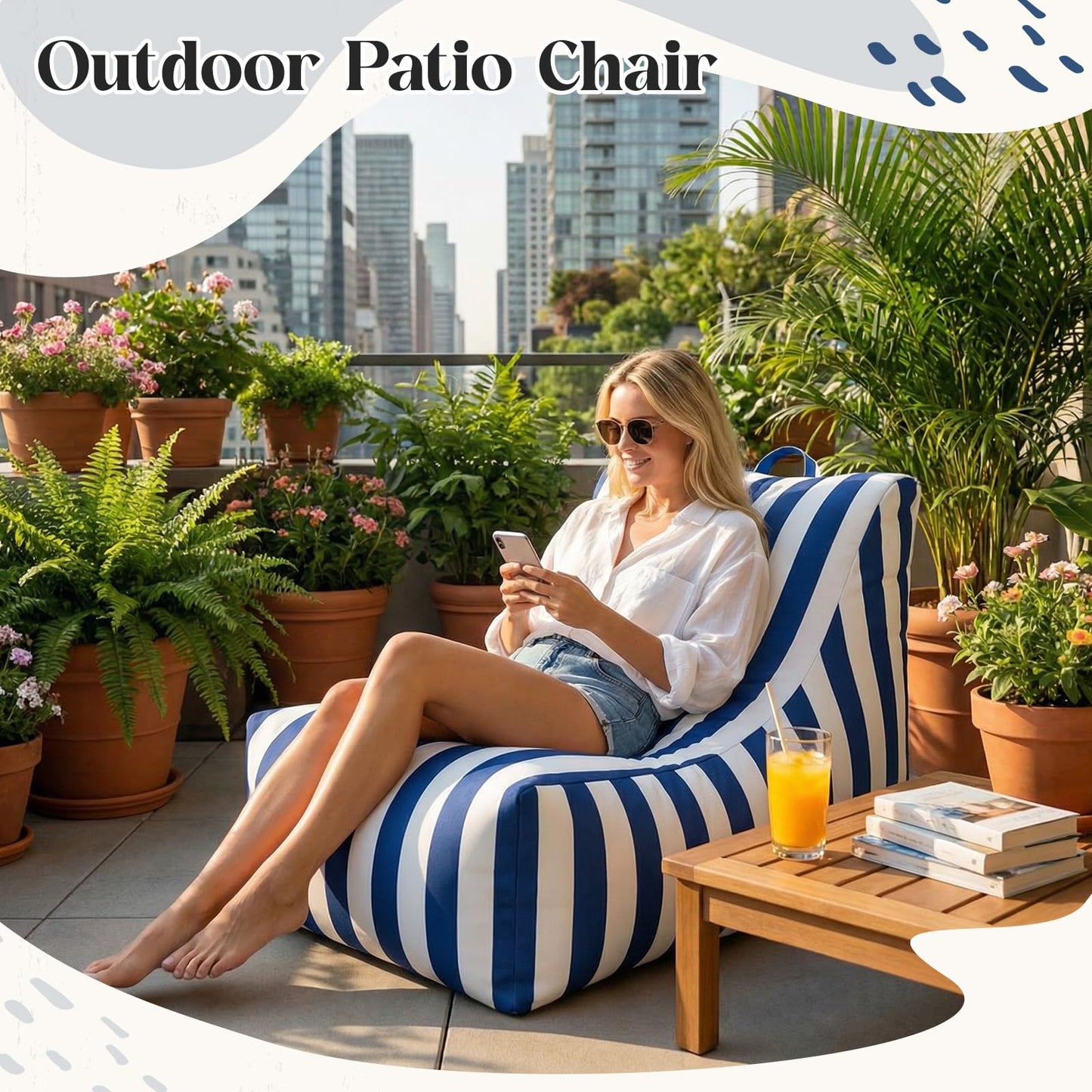 Briwooody Boat Bean Bag Chair Waterproof Outdoor Beanbag Chair Patio Lounge Comfy Lazy Sofa Couch Seating for Boat, Pool, Marine Balcony (Blue,White)