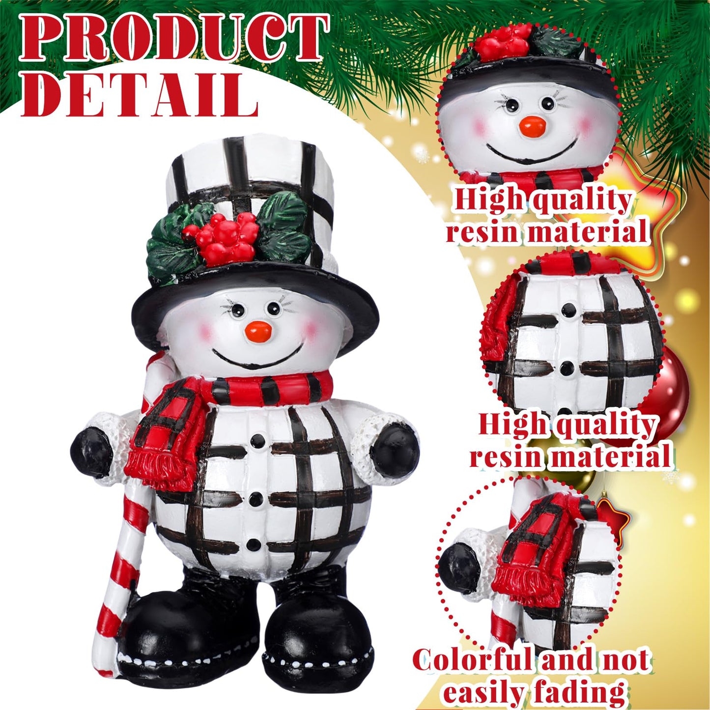 Moucuny 2 Pieces Winter Snowman Figurines Decorations Black and White Resin Snowman Winter Ornaments with Chef Hat Candy Bow Scarf Table Decor for Tabletop Office Shelf Gift Home Kitchen Mantle