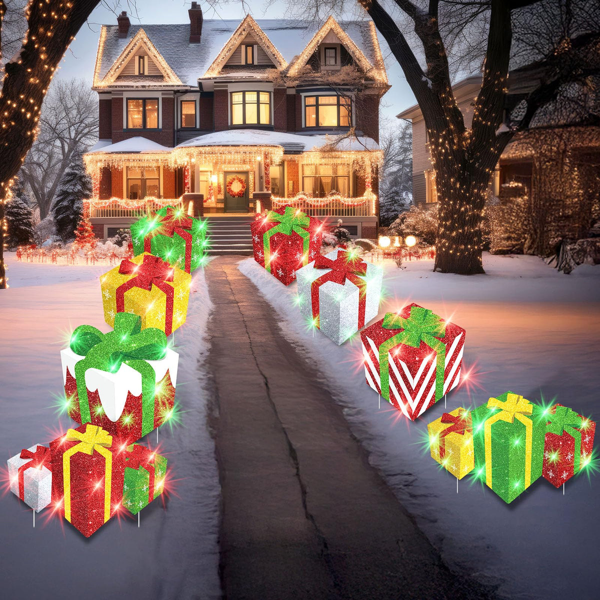 8 Pieces Christmas Yard Signs Glitter Gift Box Outdoor Lawn Decorations with 16 Stakes Funny Holiday Present Box Yard Decorations for Christmas Home Lawn Party Supplies