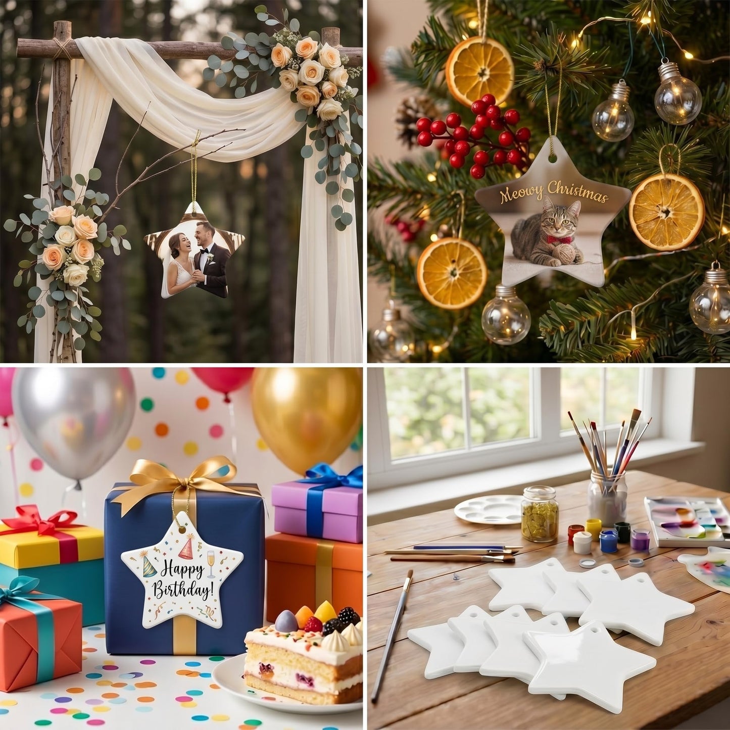 WILLBOND 10 Pcs Sublimation Blank Ceramic Ornament, 3 Inch White Ceramic Ornament Blanks with Gold String, Heat Press Transfer Supplies for DIY Craft Personalized Hanging Decoration(Five Pointed Star)