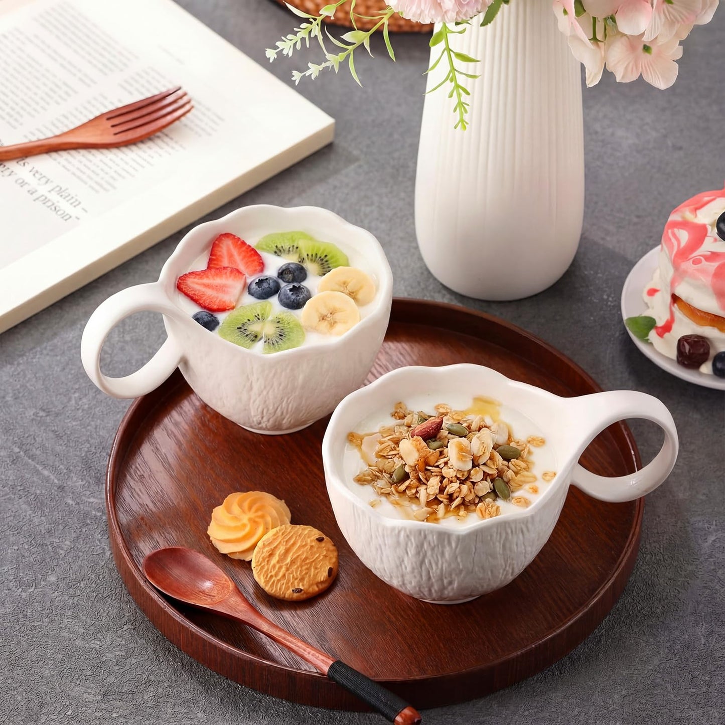 Ferrochef 2 Pack 16.9oz Soup Bowls with Loop Handle, White Stone Texture Ceramic Microwave and Dishwasher Safe Bowls, Matte Frosted Mug for Hot Soups, Chilled Desserts, Oatmeal, Yogurt, Coffee, Milk