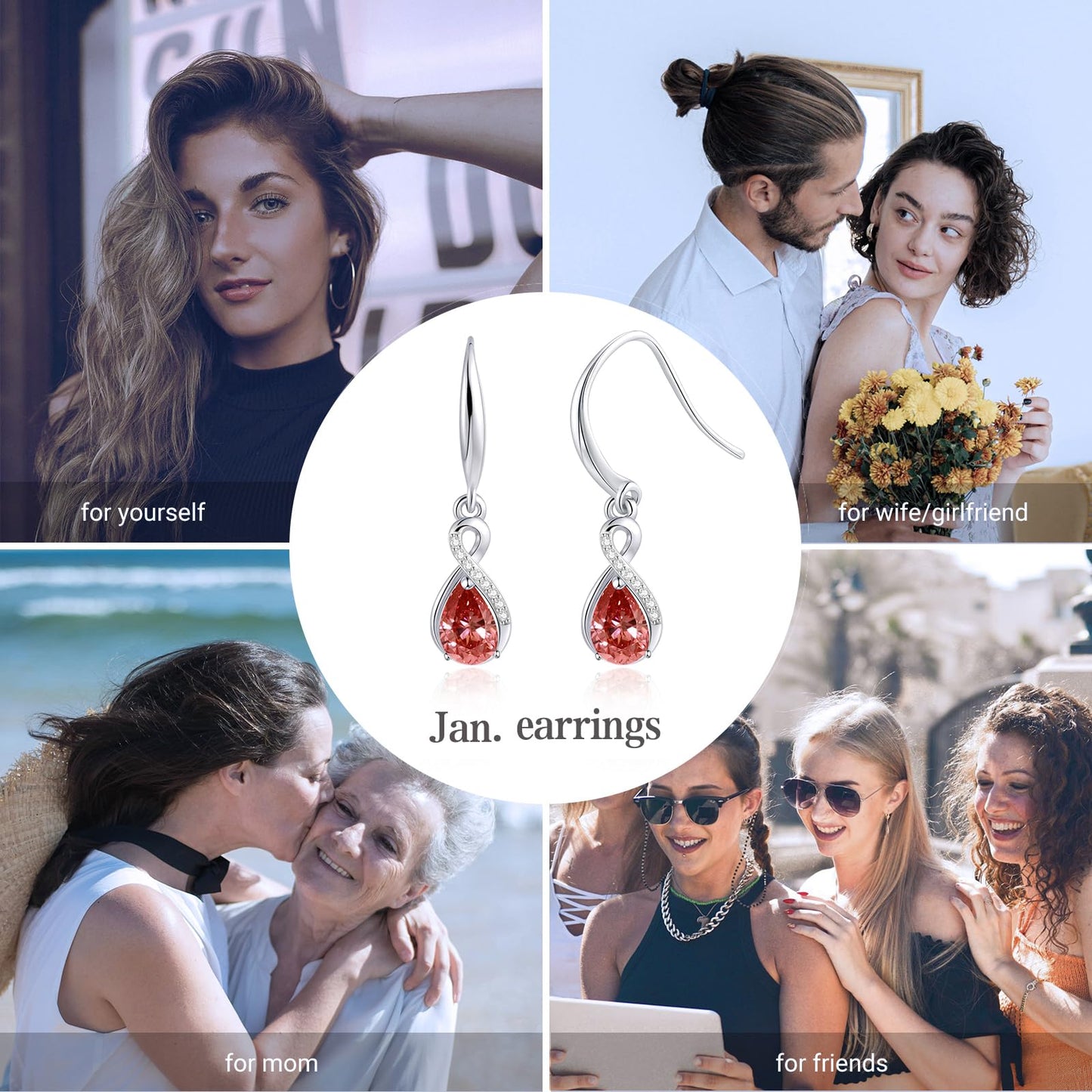 Infinity Birthstone Earrings 18K White Gold Plated 925 Sterling Silver Teardrop Infinity Drop Dangle Earrings Garnet Jewelry Birthday Gifts for Women Her Mother Wife
