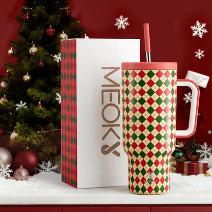 Meoky 40 oz Christmas Tumbler with Handle and Straw, Xmas Tumbler with Lid and Straw, Insulated Stainless Steel Travel Mug, Christmas Gifts for Women Men Adults (Winter Plaid)