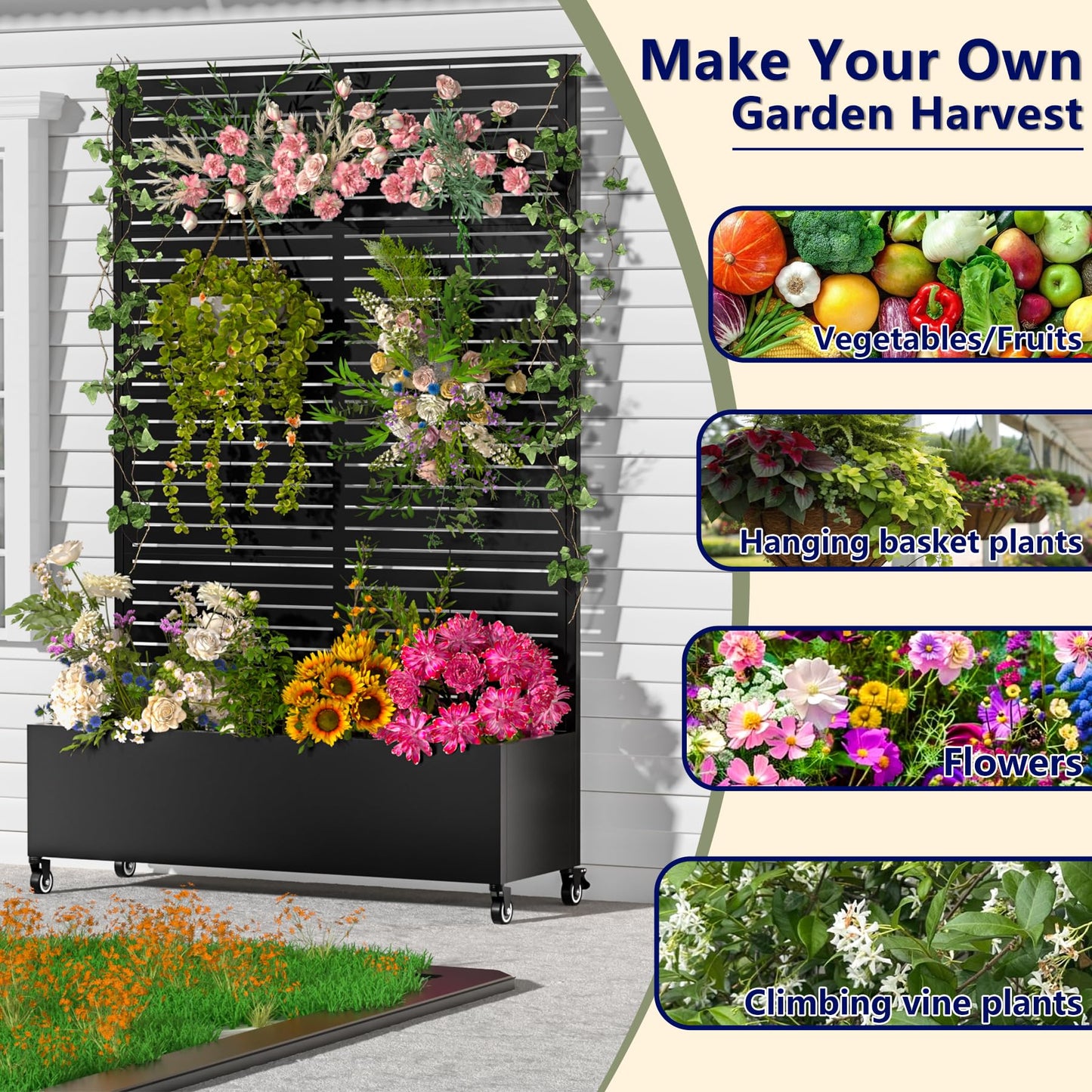 GTSABWAY Metal Planter Box with Trellis,72"x47"x16"Galvanized Steel Outdoor Raised Garden Bed with Privacy Screen,with Drainage Holes & Lockable Casters for Climbing Plants,Vegetables,and Vines(BYC)