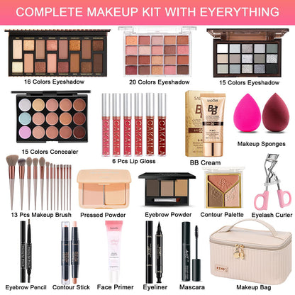 All in One Makeup Kit, Makeup Kit for Women Full Kit, Travel Make Up Gift Set for Women, Teens & Girls, Includes Eyeshadow Lipstick Eyeliner Eyebrow Pencil Brush Set, Beginners and Professionals Alike