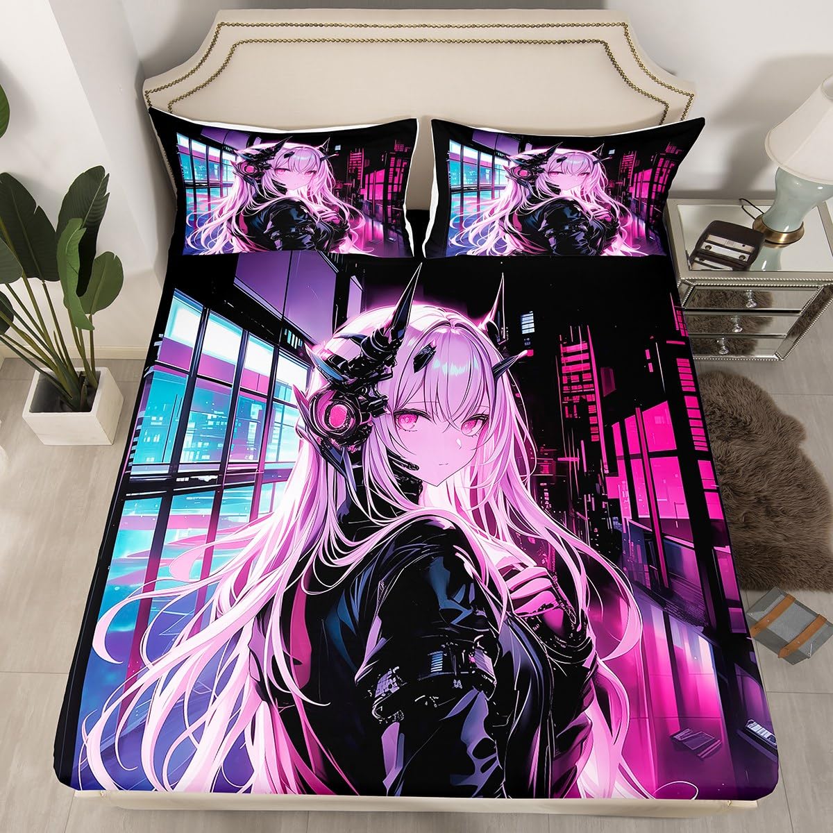 Erosebridal Japanese Anime Fitted Sheet Full Size, Anime Girl Bedding Set Kawaii Japanese Style Bedding Set Cartoon Japan Animation Bed Set for Boys Teens Adult Women Bedroom Decor