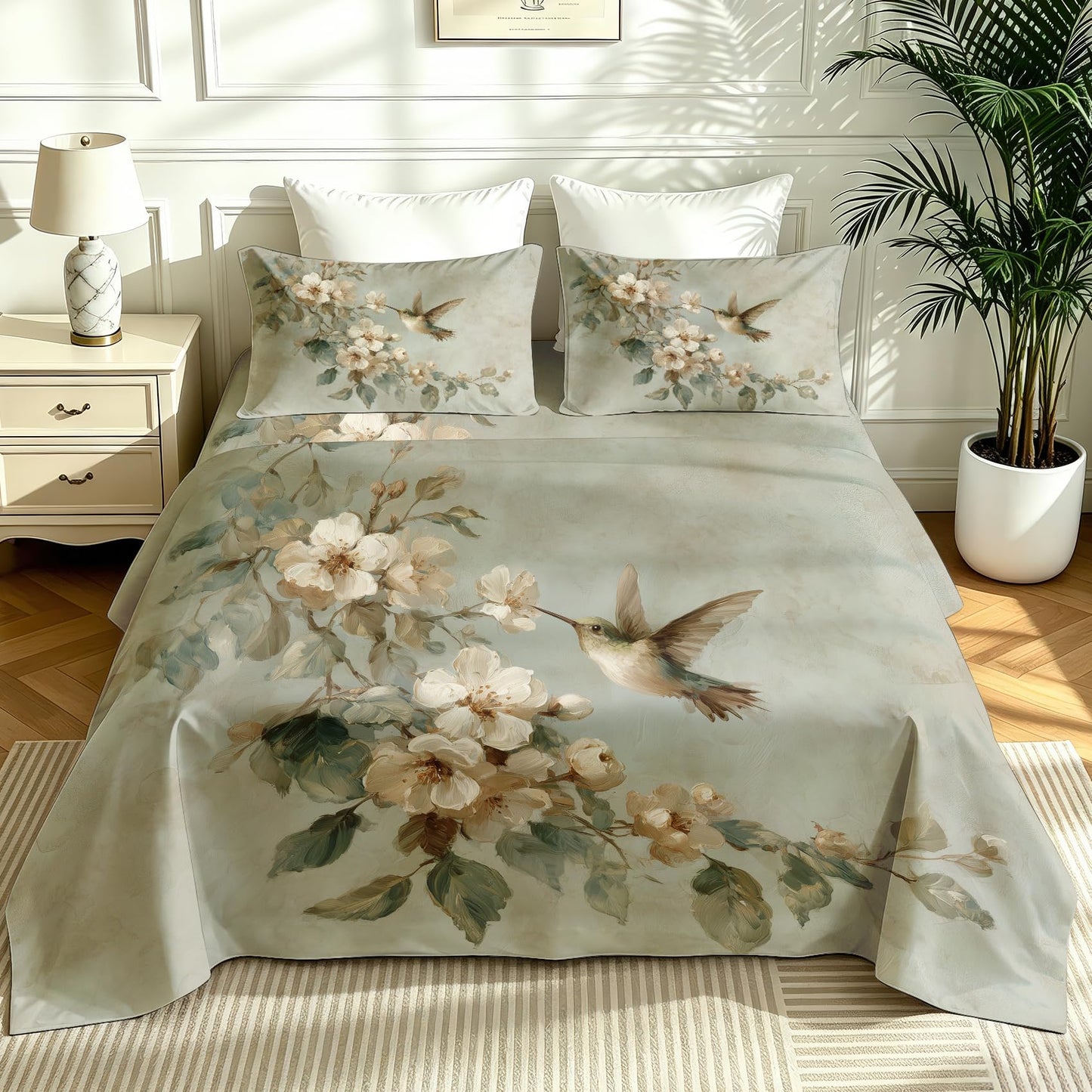 Bird and Flower Bedding Set 4 Pcs Hummingbird Queen Sheets