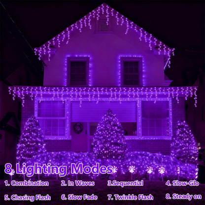 YEGUO 33ft 400 LED Purple Icicle Christmas Lights Outdoor Waterproof, 80 Drops Icicle Light Connectable, 8 Modes Christmas Lights Indoor with Memory Timer