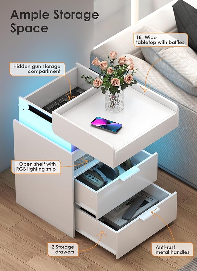 Turosur LED Night Stand with Gun Drawer, Smart Nightstand with Hidden Charging