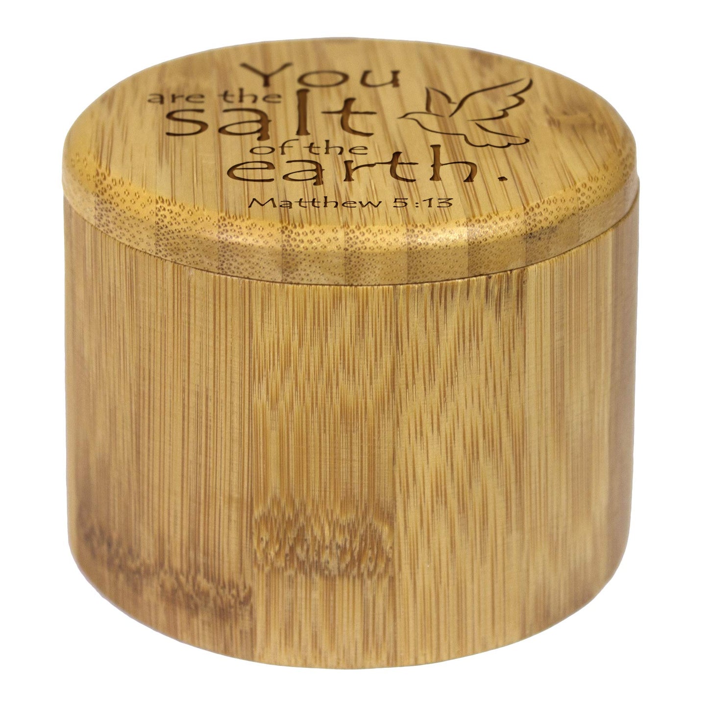 Totally Bamboo Salt Cellar Bamboo Storage Box with Magnetic Swivel Lid, 6 Ounce Capacity, You are the Salt of the Earth Matthew 5:13 Engraved on Lid