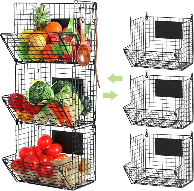 X-cosrack Metal Wire Basket Wall Mount, 3 Tier Wall Storage Basket Organizer