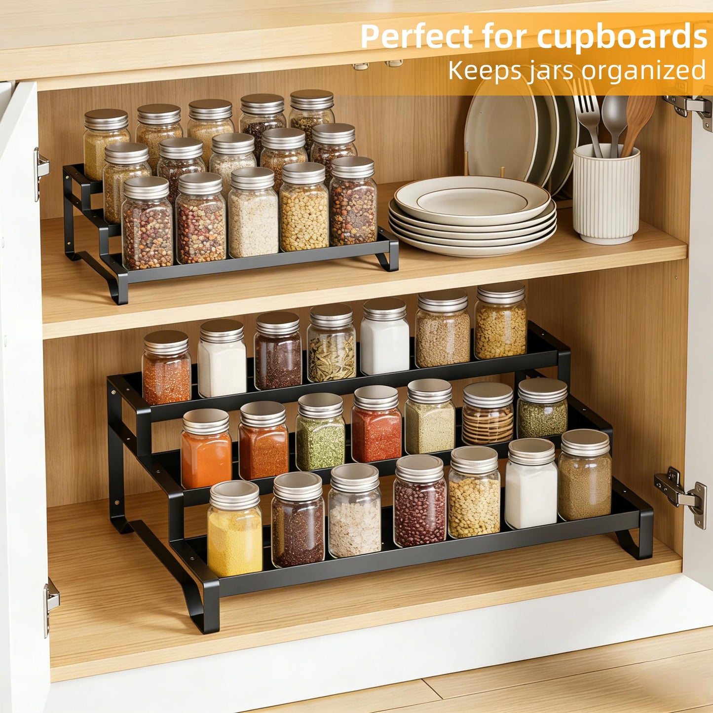 PEEKUP 3-Tier Spice Rack Organizer, 13"-21.5" Expandable Spice Organization Shelf, Metal Seasoning Organizer for Kitchen Countertop or Pantry, Slip-Resistant Design for Jars and Bottles, Black