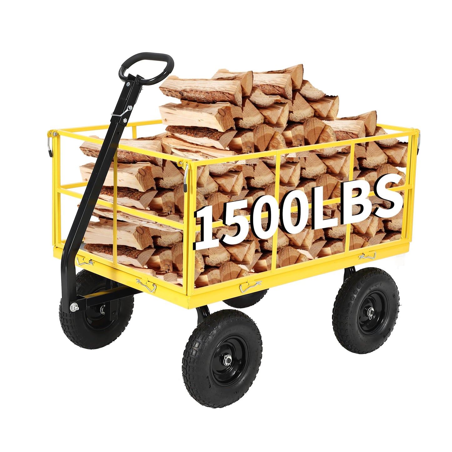Heavy Duty 1500 Lbs Steel Garden Cart – 3-in-1 Utility Wagon & Trailer with Removable Mesh Sides, 13" All-Terrain Tires, 180° Rotating Handle for Lawn, Yard, Gardening Tasks, Outdoor Hauling