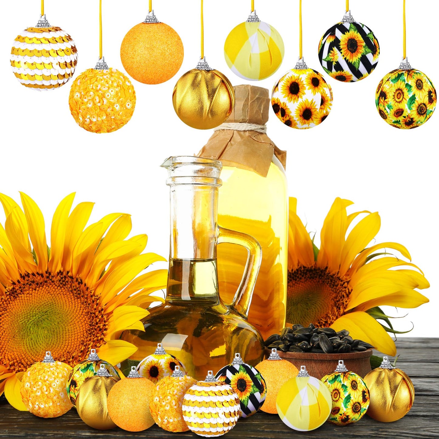 Zeyune 16 Pcs Summer Tree Ornaments Christmas in July Sunflower Hanging Decorations for Small Tree, Yellow Hanging Sequin Ball Ornaments with Ropes, Beach Luau Hawaiian Holiday Party Supplies(Fresh)