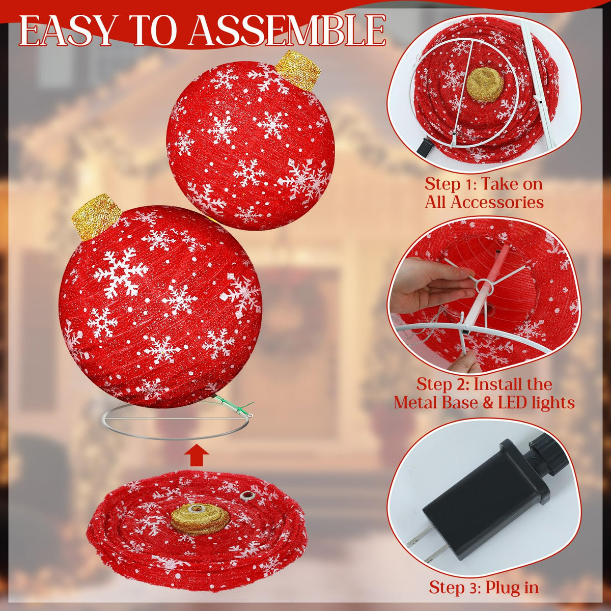 Rossesay 2.5 ft Lighted Pop up Outdoor Christmas Ornaments Stackable Giant 3D Pre Lit Christmas Balls Light up Collapsible Balls with 80 LED Lights for Holiday Yard Lawn Garden