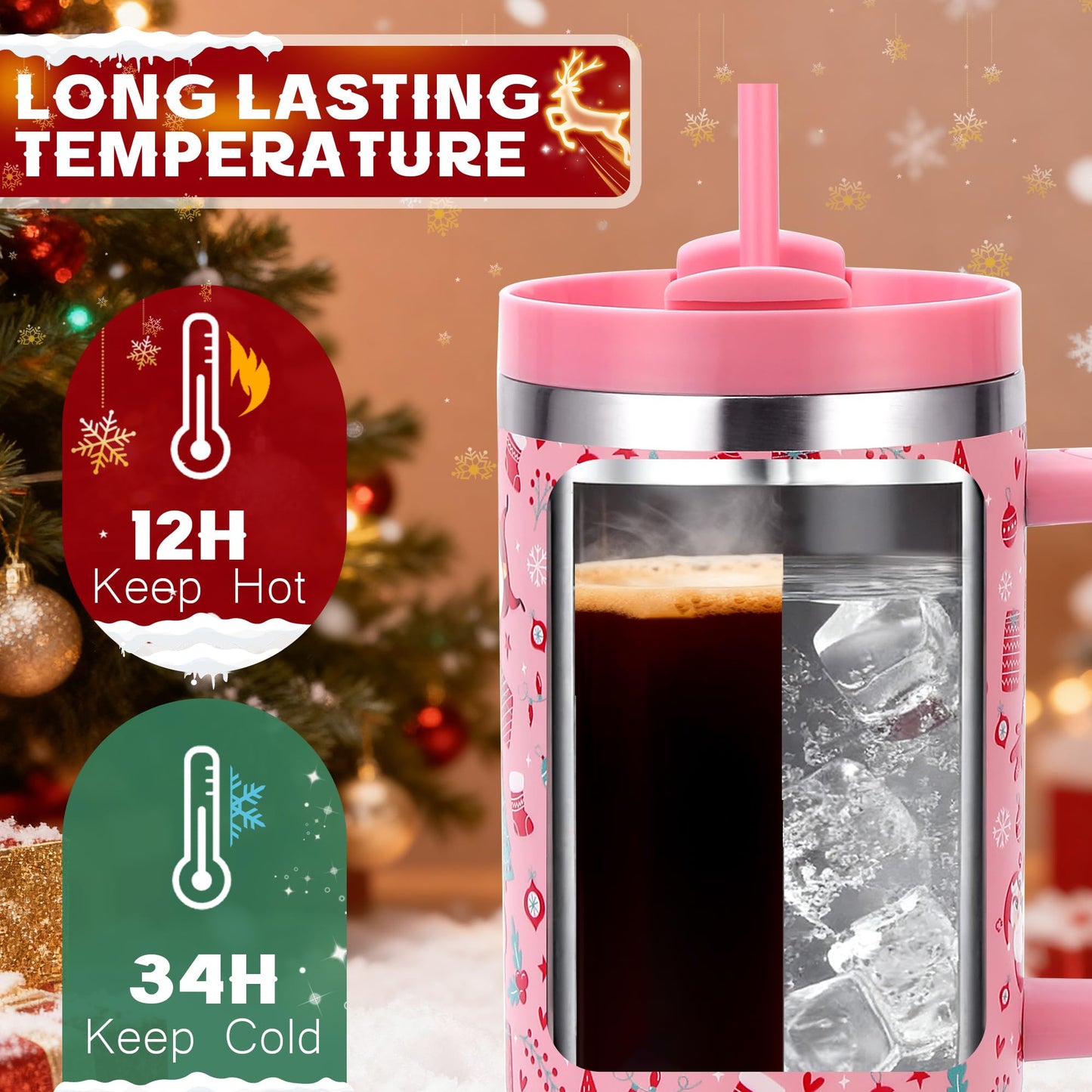 Skywerc Christmas Gifts for Women Mom Daughter, 40 oz Christmas Tumbler with Handle and Straw Lid, Xmas Stainless Steel Insulated Travel Mug, Keep Cold for 34 Hours (Red Santa & Deer)
