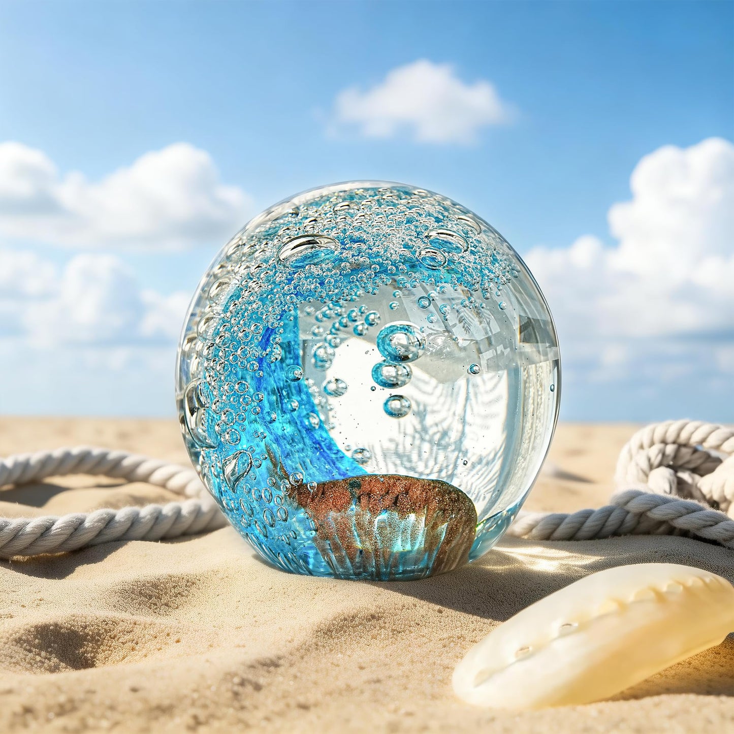 H&D HYALINE & DORA Hand Blown Glass Ocean Waves Ball Paperweight Decorative Home Office Decor Glass Art Collectible Crystal Ball Paperweight Ideal for Ocean Lovers(2.3Inch)
