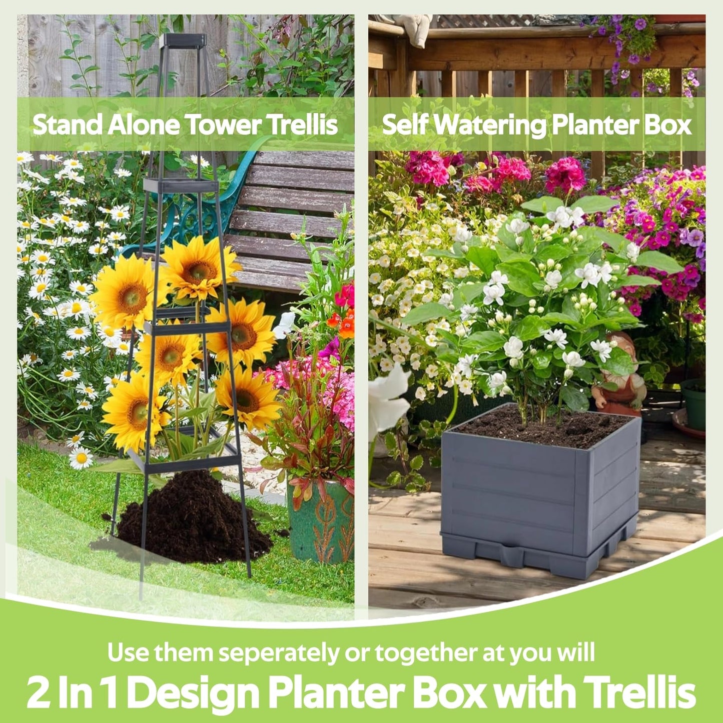 2 Pack Tomato Planter Box with Trellis for Climbing Plants Outdoor - Self Watering Raised Garden Bed Tomato Pot - 55" Tomato Cage Garden Trellis Plant Support for Vine Vegetables Herbs Flowers Indoor