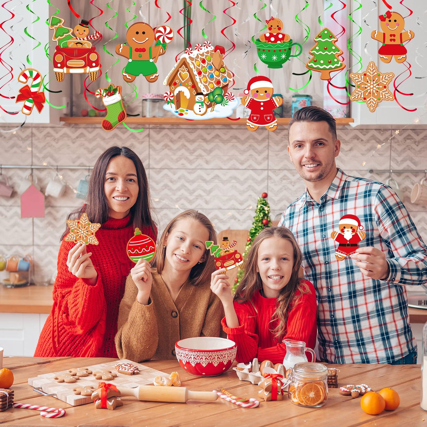 Zomiboo 53 Pcs Christmas Hanging Swirls Decorations Candy Gingerbread Man Elves Truck Red Cardinals Ceiling Decor Ornaments for Tree Xmas Holiday Party Supplies(Gingerbread)