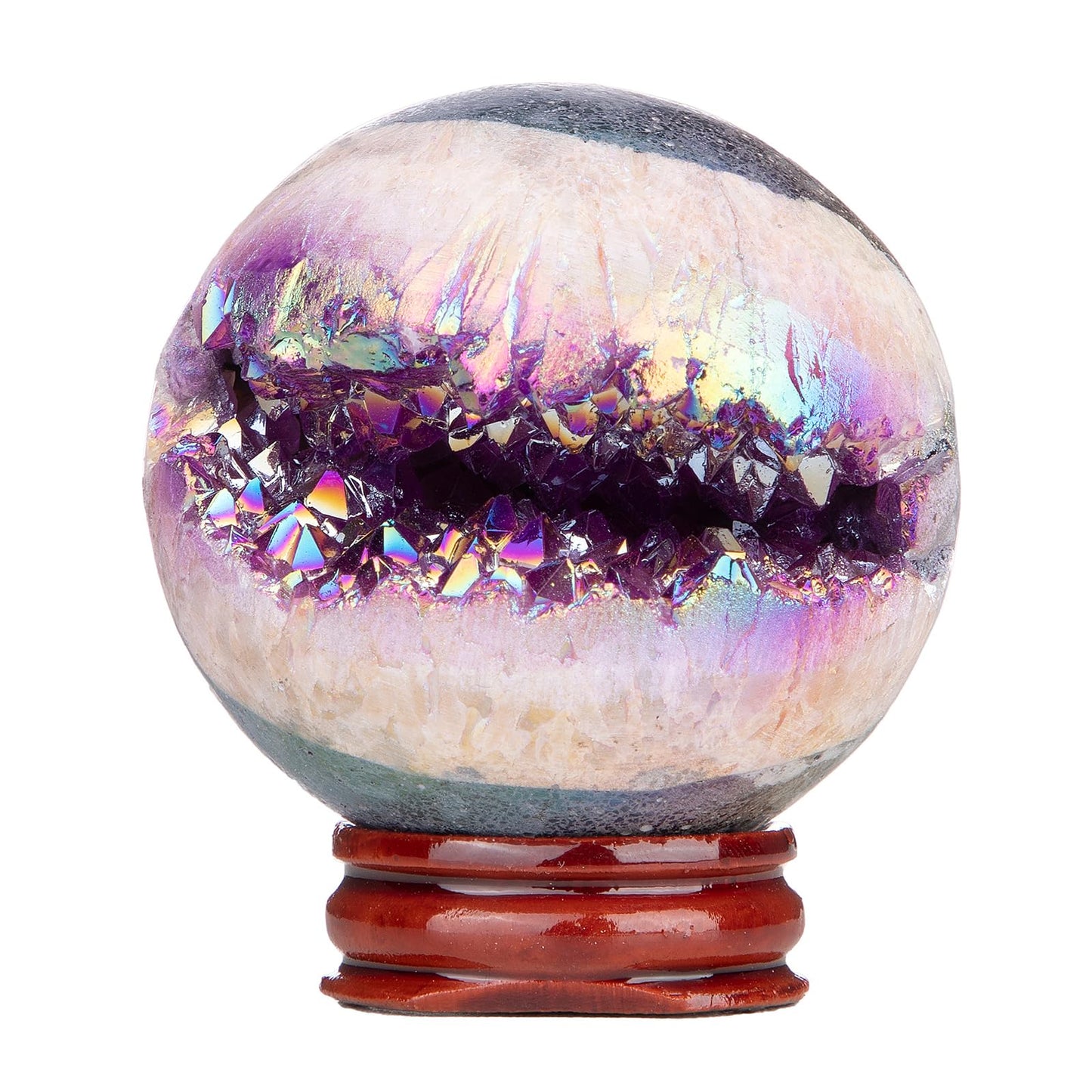 SUNYIK 51-60mm Purple Titanium Coated Quartz Geode Ball Sphere with Stand Crystal Opening Cornucopia Orb Ball Cluster Specimen Display for Decor Feng Shui Meditation