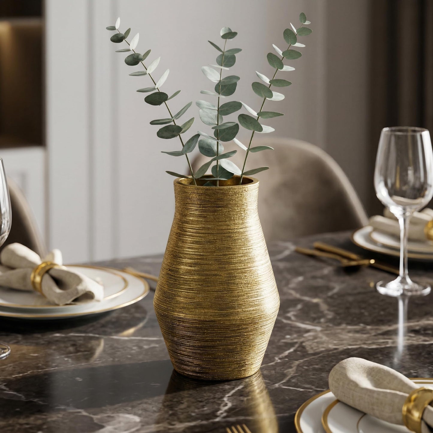 Wancetang Gold Ceramic Vase, 10 Inch Modern Pottery Vases for Centerpieces, Decorative Textured Flower Vase for Living Room, Easter Table, Dining Table, Fireplace Mantel Decor