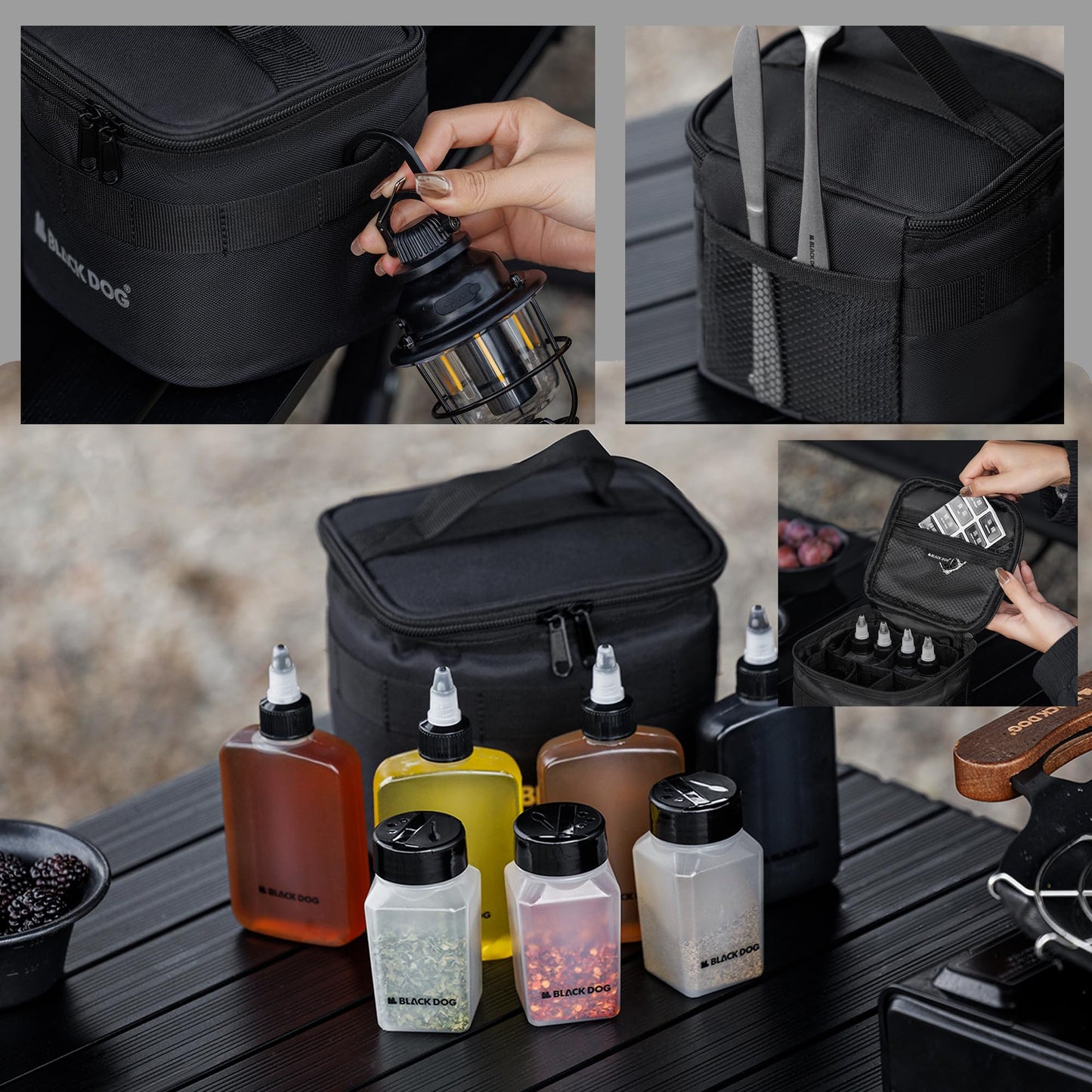 Blackdog Camping Spice Set with 7 Containers, Pepper & Salt Spice Shakers with holes and lids- 7pcs Portable outdoor travel spice kit, Storage Bag for Outdoor Travel Camping BBQ Picnic