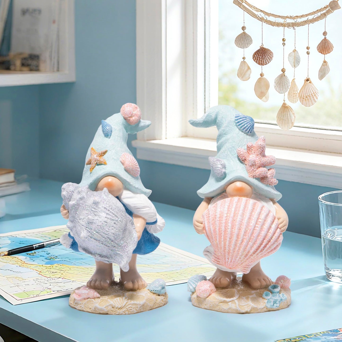 Hodao Ocean Elf Figurines with Seashell & Conch – Coastal Nautical Beach Elf Decor for Coastal Living Room, Ocean Themed Home Tabletop Decoration, Gift for Retirees (Blue-Grey)