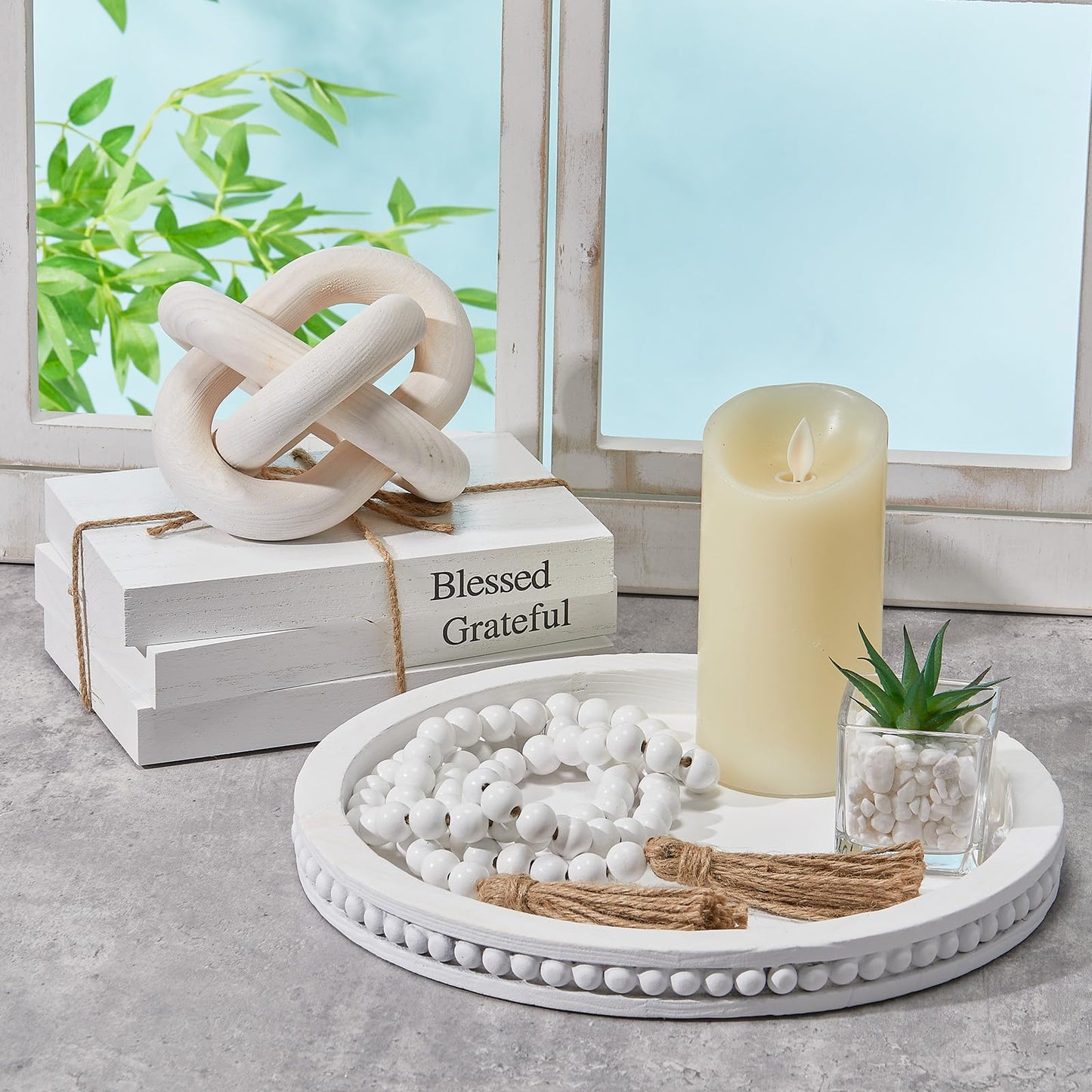 GlikCeil 6 Pcs Rustic Wooden Coffee Table Tray Decoration Set, Round Beaded Tray Wood Chain Bead Garland with Tassels and 3 Decorative Books for Farmhouse Living Room Home Decor(Thankful,White)