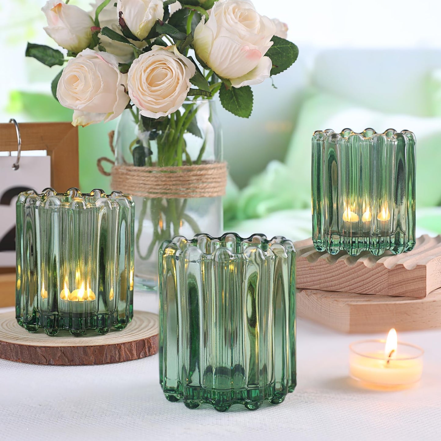 HAVITI 6 Pcs Votive Candle Holder, Green Glass Candle Holders, Tealight Candle Holder for Wedding Centerpieces Dinner Party Table Decor
