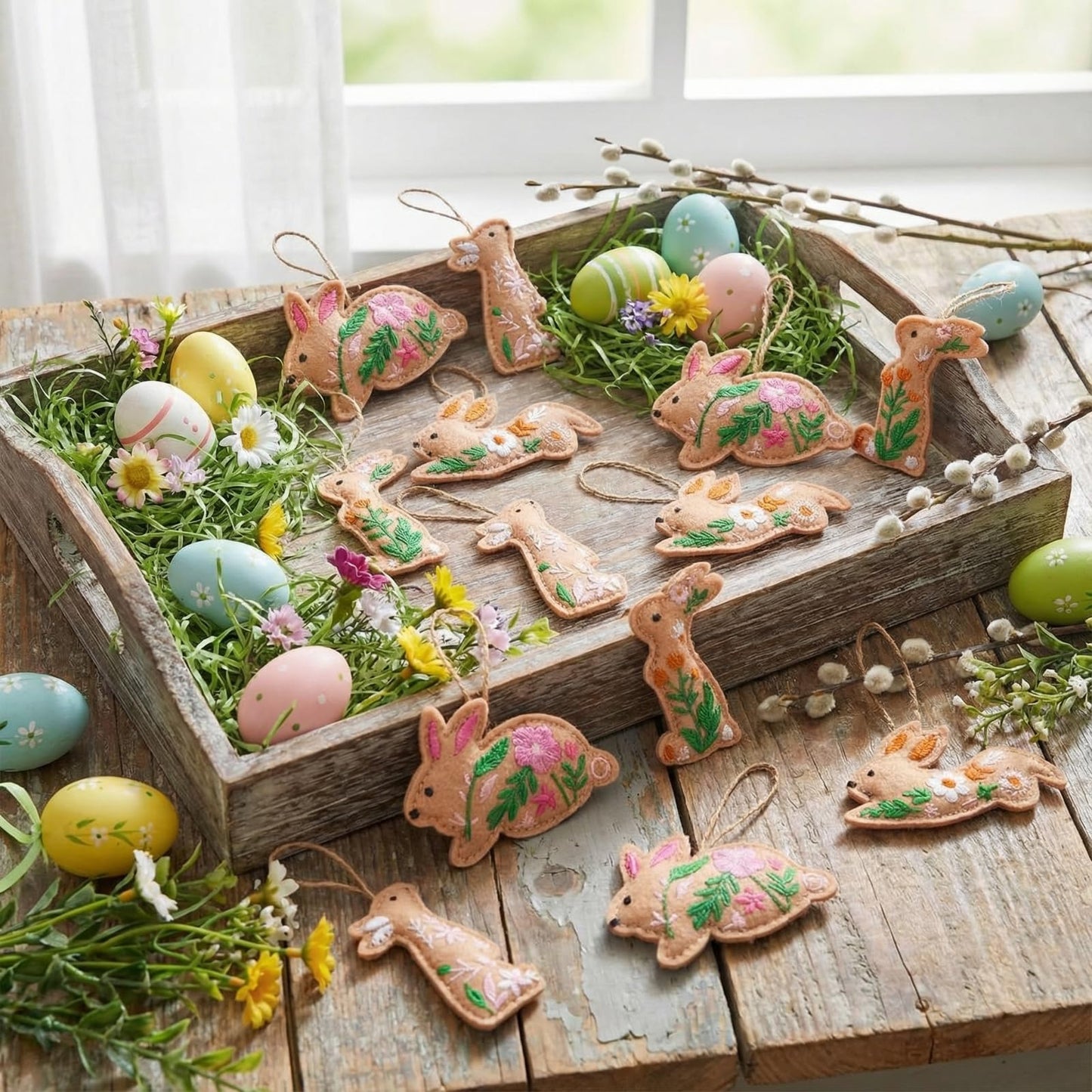 HunnmingRe 12 Pcs Easter Bunny Ornaments Felt Embroidery Easter Hanging Tree Ornaments Handcrafted Bunny Rabbit Spring Tree Decorations for Spring Party Door Home Wall Mantel Decor Arts Crafts Gifts